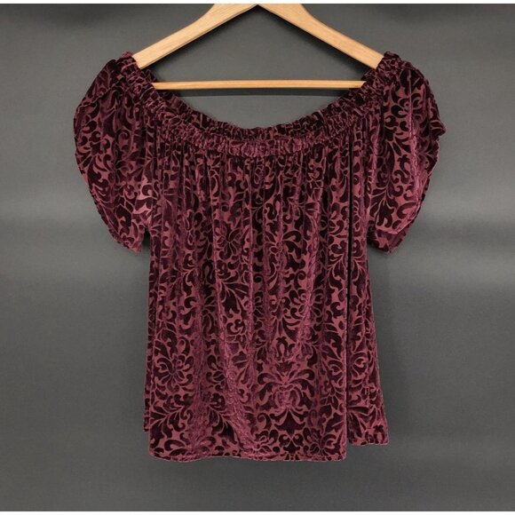 Hollister Womens Off-Shoulder Floral Velvet Burnout Top M Burgundy Boho Peasant - Picture 1 of 7